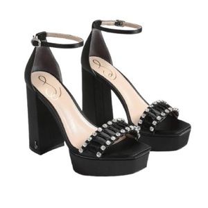 Sam Edelman Ninette Snip Toe Crystal Accented Black Satin High Heel Platforms